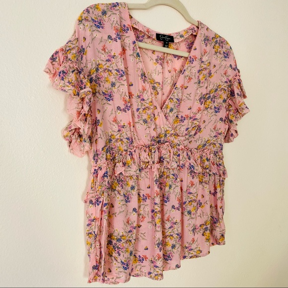 Jessica Simpson Ruffle Floral Peplum v neck blouse Top - Picture 7 of 7